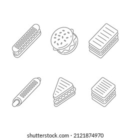 Bread toasts, triangular sandwich, hamburger, hotdog. Fast food. Set of isometric flat vector line icons.