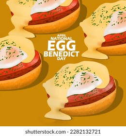 Bread topped with meat and boiled eggs, commonly called Eggs Benedict with bold text on brown background to celebrate National Eggs Benedict Day on April 16