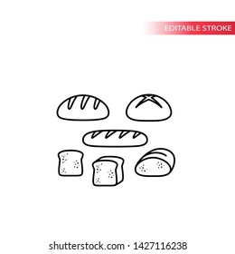 Bread types, french loaf, sliced toast thin line icon set. Bread set, slice of bread vector outline symbols. Editable stroke.