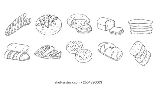 Bread types outline vector set illustration