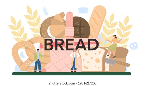 Bread typographic header. Baking pastry process. Bakery worker making dough and pastries goods. Isolated vector illustration