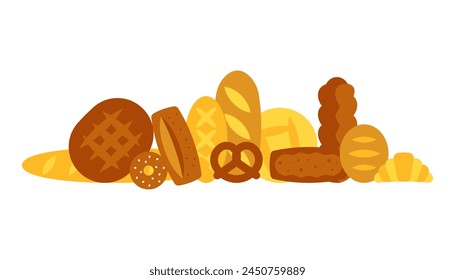 Bread. Variety breads and homemade baked products - white grain, challah, baguette, ciabatta, brown, multigrain, pretzel, croissant. Different types of a baking. Minimalist vector illustration