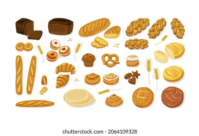 Bread. Various bakery pastry products - rye, wheat and whole grain bread, french baguette, croissant, bagel, roll, toast bread slices, donut, bun,kanelbulle, chalah. Vector cartoon icon set. Vector il