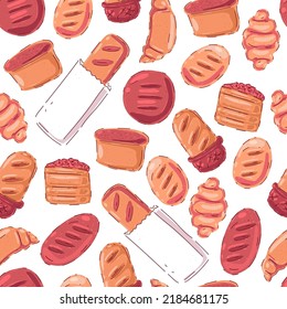 Bread vector cartoon seamless pattern on a white background for wallpaper, wrapping, packing, and backdrop.
