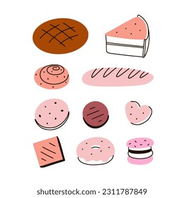 Bread vector clipart. Cute bakery illustrations. Donut, macaroon, cookie, cake pastry clipart