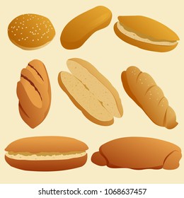 Bread vector collection. Baton, bun, hotdog bun. Set of different types of bread