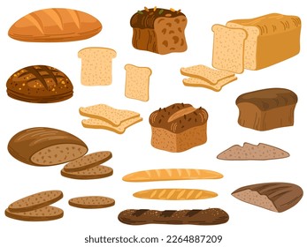 Bread vector collection. Cuisine cartoon bakery food, wheat bread, pretzel, cupcake, pita bread, ciabatta, croissant, bagel, toast bread, french baguette for bakery menu design. Cartoon illustration. 