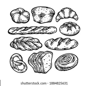 Bread vector doodle vintage set illustration. fresh bread. Gluten food bakery engraved collection. Black bake organic food isolated on white background.