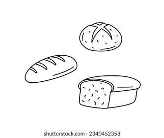 Juego de doodles vectores de pan. Elementos alimentarios aislados de negro sobre fondo blanco. Dibujo manual de la ilustración del trigo y el pan de centeno. Dibujaron a mano dibujos de doodles lindos.
