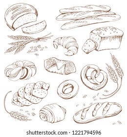 Bread vector hand drawn set illustration in graphic style.