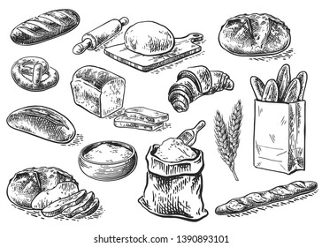 Bread vector hand drawn set illustration in graphic style. Other types of wheat, flour fresh bread. Vector hand drawn vintage engraving illustration for poster, label and menu bakery shop