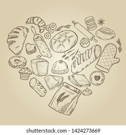 Bread vector hand drawn set illustration in graphic retro style. Can be used for design, shops, restaurants, bakeries, menus, cards, fabrics, packages