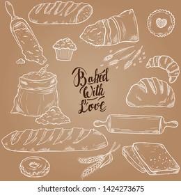 Bread vector hand drawn set illustration in graphic retro style. Can be used for design, shops, restaurants, bakeries, menus, cards, fabrics, packages