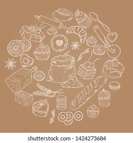 Bread vector hand drawn set illustration in graphic retro style. Can be used for design, shops, restaurants, bakeries, menus, cards, fabrics, packages