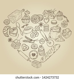 Bread vector hand drawn set illustration in graphic retro style. Can be used for design, shops, restaurants, bakeries, menus, cards, fabrics, packages