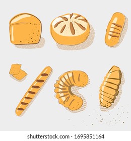 Bread vector hand drawn set illustration. Other types of fresh bread. Gluten food bakery engraved collection. Organic food isolated on white background.