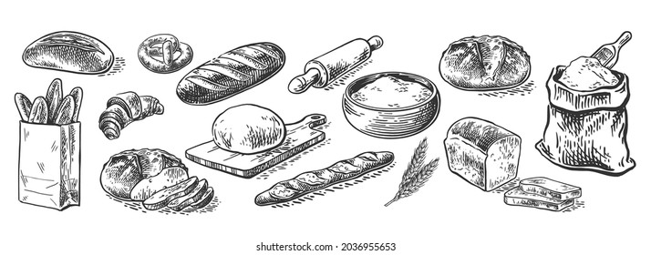 Bread vector hand drawn set illustration in graphic style. Fresh bread. Vector hand drawn vintage engraving illustration for poster, label and menu bakery shop