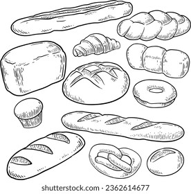 Bread vector hand drawn set illustration. Other types of wheat, flour bread. Gluten food engraved collection. Black isolated on white background.black and white, black line vector