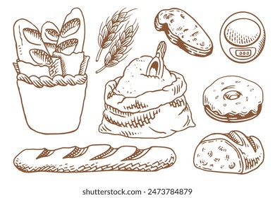 Bread vector hand drawn set illustration. Other types of wheat, flour fresh bread. Gluten food bakery engraved collection. Black bake organic food isolated on white background.
