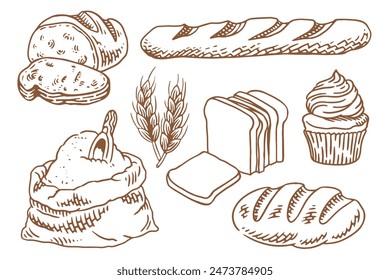 Bread vector hand drawn set illustration. Other types of wheat, flour fresh bread. Gluten food bakery engraved collection. Black bake organic food isolated on white background.