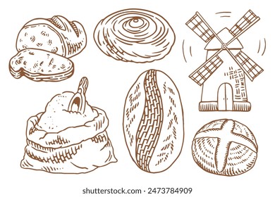 Brot Vektorgrafik Handgezeichnete Set Illustration. Andere Weizensorten, Mehl, frisches Brot. Gluten Food Bakery gravierte Kollektion. Schwarz backen Bio-Lebensmittel isoliert auf weißem Hintergrund.