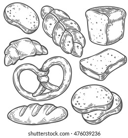 Bread vector hand drawn set illustration. Other types of wheat, flour bread. Gluten food engraved collection. Black isolated on white background.