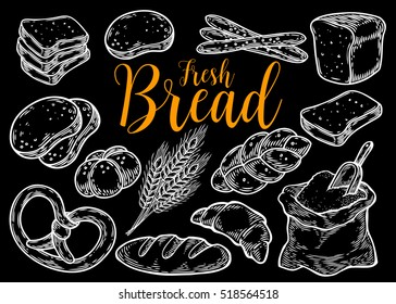 Bread vector hand drawn set illustration. Other types of wheat, flour fresh bread. Gluten food bakery engraved collection. Black bake organic food isolated on black background.