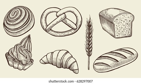 Bread vector hand drawn set illustration in graphic style