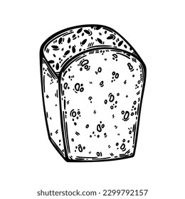 Bread vector illustration. Organic baked goods. Half a loaf for breakfast, toasts. Fresh homemade cakes with seeds, grains. Food sketch isolated on white. Black and white clipart for menu, print, web