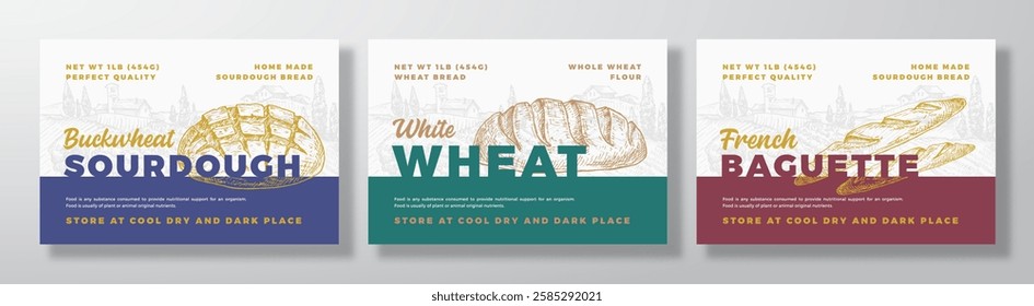 Bread Vector Packaging Design Label Backgrounds Set. Bakery Food Product Banner, Hand Drawn Wheat Loaf, Baguette, Sourdough Sketch Silhouette Color Paper Banner Layouts Isolated