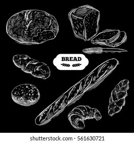 Bread vector set hand drawn illustrations. Black bake organic food, isolated background.