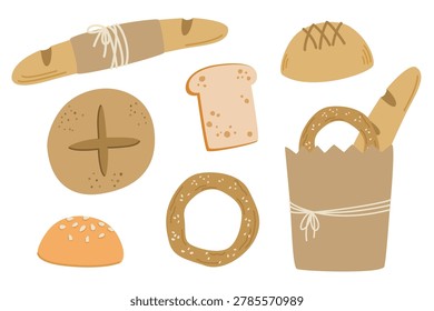 Bread vector set of hand-drawn bakery elements baguette toast bun loaf in paper bag isolated on white background. Naive childish minimalist doodle style for kitchen textile packaging stationery.
