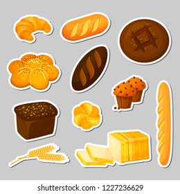 Bread. Vector stickers set. Bakery - cartoon style. Rye, whole grain and wheat bread, loaf, muffins, bagel, toast bread, french baguette etc