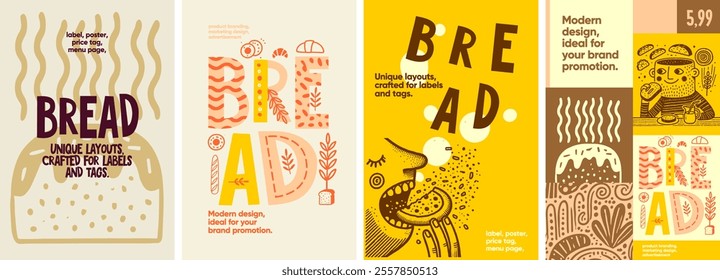 Bread. Warm and inviting designs showcasing hand-drawn bread illustrations, perfect for posters, packaging, and menus in bakeries and food outlets.