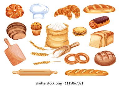 Bread watercolor icon of wheat food product. Loaf of rye and wheat bread, french baguette and croissant, cake, cupcake and toast, cookie, bun and bagel, flour bag, baker hat and wooden rolling pin