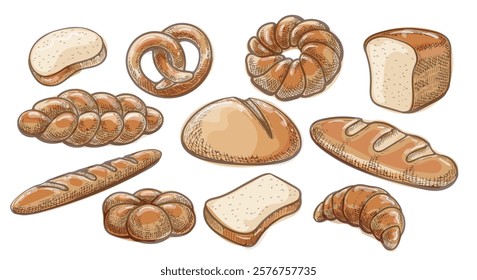 Bread watercolor sketches. Bread baguette bun croissant roll pretzel pie cake isolated vector illustration