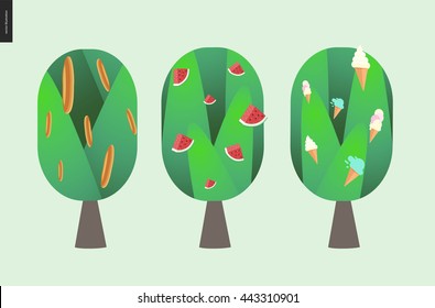 Bread, watermelon and ice cream tree - flat style vector cartoon illustration of three isolated trees with bread, watermelon and ice cream on them