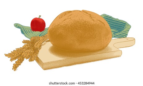  Bread, wheat and apple illustration. Dotted. 