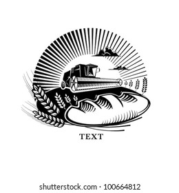 Bread with wheat and combine harvester in a field, engraving style svg