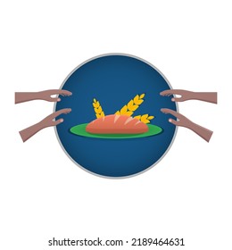 BREAD AND WHEAT ON THE PLATE AND HANDSTHAT WANT TO TAKE IT SYMBOLIZE THE FOOD CRISIS AND HUNGER CRISIS. Eps 10