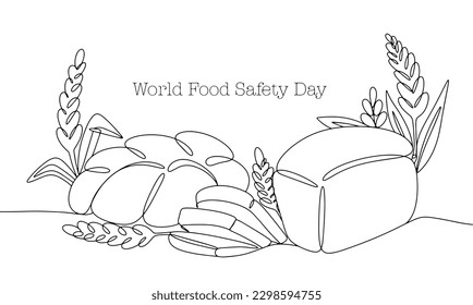 Bread and wheat. Providing the population with food. Lack of food. World Food Safety Day . One line drawing for different uses. Vector illustration.