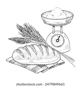 Bread with Wheat Vector hand drawn illustration. Freshly baked loaf sketch drawing. Vintage white and black line art on background. Food and flour for design. Preparation of pastry in the bakery