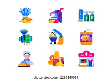 Bread and wheat vector icons set. Cultivation, production and use of bread and wheat concept.