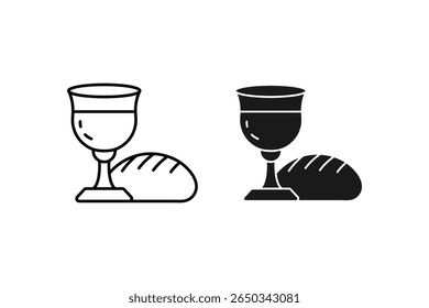 Ícone da comunhão do pão e do vinho Símbolo Eucarístico Cristão do Sacramento Sagrado Fé e adoração Linha Arte Preto Contorno Estilo Minimalista Isolado no Fundo Branco Cerimônia Religiosa Ilustração
