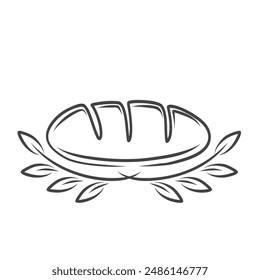 Icono de pan y corona de hojas, diseño de logotipo retro de panadería. Divertido doodle baguette de trigo o pan de panadería clásica fresca, logotipo de la pastelería. Icono de producto de panadería dibujado a mano Ilustración vectorial