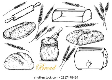Bread.Collection. Whole bread and sliced. Flour in a bag with a spoon. Toaster, rolling pin, bread box ,Vector hand drawn set illustration in graphic style.Black and white sketch. Isolated on white