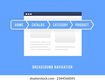 Ilustración de navegación de las migajas. Mejora del SEO del sitio web y de la experiencia del usuario. Utilización de Breadcrumbs y Enlaces Internos para Mejorar la Jerarquía y Usabilidad de Sitios Web. Concepto de iluminación de vectores