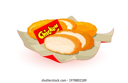 Breaded chicken nuggets served on paper, tasty poultry dish. Vector protein and delicious snack divided in slices, fast food and takeaway food idea. Isolated on white background