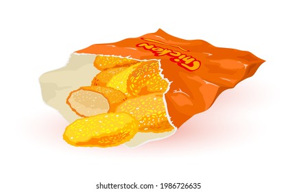 Piezas de pollo asadas en papel, almuerzo rápido, comida rápida. Producto frito vectorial aceitoso, comida poco saludable y grasosa, bocadillo. La idea de cocinar aislada en un fondo blanco