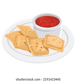 Breaded fried Italian ravioli with hot marinara tomato dipping sauce. Flat vector illustration isolated on white background